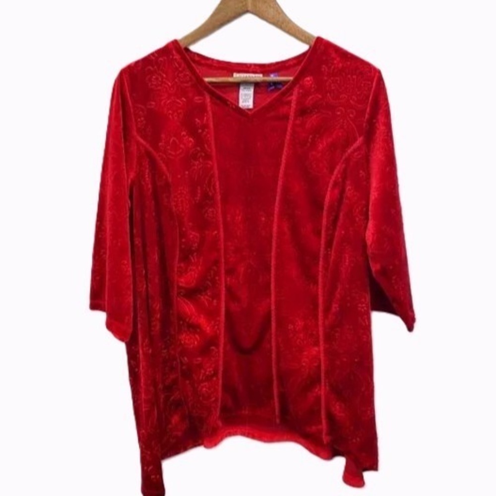 Catherines 0X Petite Red Burnout Velvet Top V-Neck 3/4 Sleeve Festive Blouse